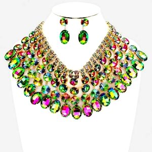 Pink and Green Vitrail AB Rhinestone  Crystal Gold Bib Necklace  Collar Set